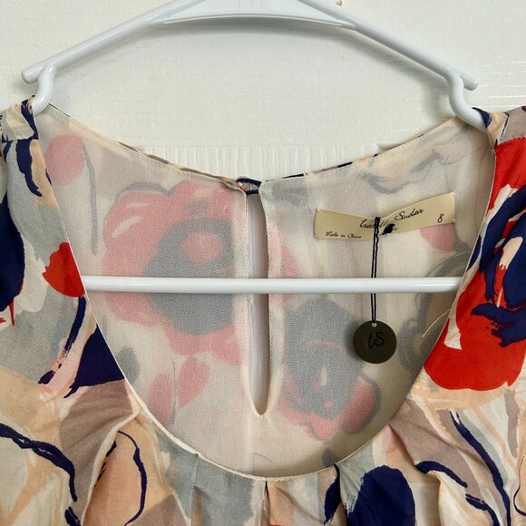 Anthropologie | Isabella Sinclair Red and Navy Floral Silk Dress - Picture 4 of 8